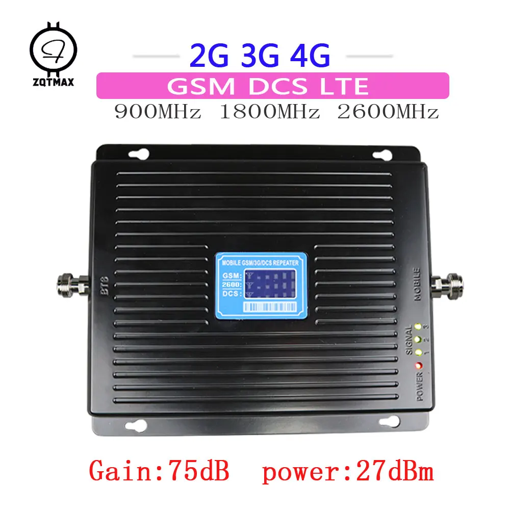 ZQTMAX 75 дБ 2G 3G 4G усилитель gsm ретранслятор сеть UMTS трехдиапазонный DCS 1800 LTE 2600 усилитель сигнала 900 Усилитель сигнала сотового телефона