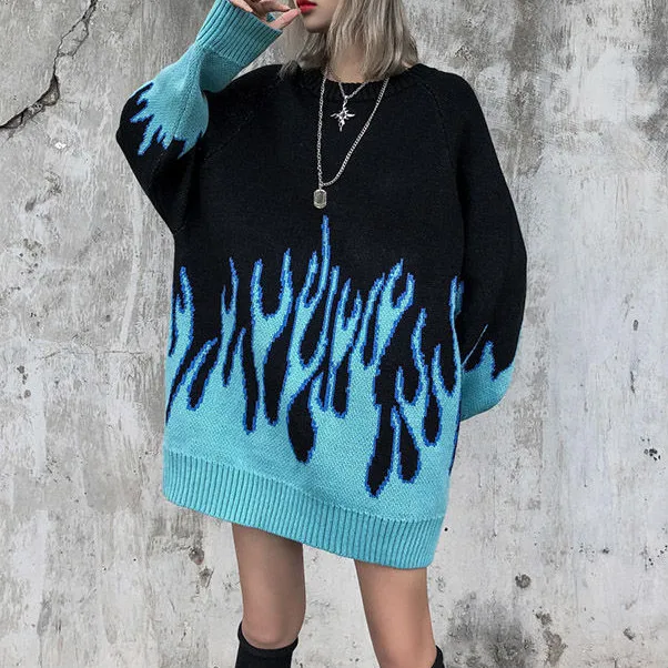 PROD 1005003136297832 2021 New Sweater Female Hip-hop Style Flame
Jacquard Women's Sweater Traf Couple Pullover Knit Top Loose Men's
Sweater Vintage