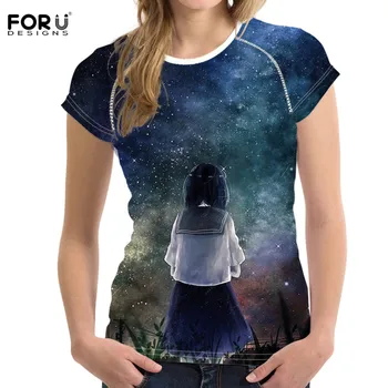 

FORUDESIGNS Anime Girls Back View Printing Women Tshirts Summer Short Sleeves Tops Bodybuilding Fitness Elasticity Tee Shirt