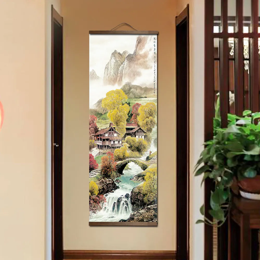 Chinese Traditional Style Four Seasons Landscape Canvas for Livingroom Wall Art Poster Solid Wood Scroll Paintings Home Decor 4