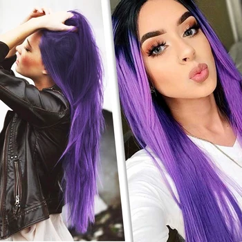 

HUAYA Long Straight Wig Natural Black Ombre Purple Middle Part Hairstyle Woman's Heat Resistant Synthetic Wigs