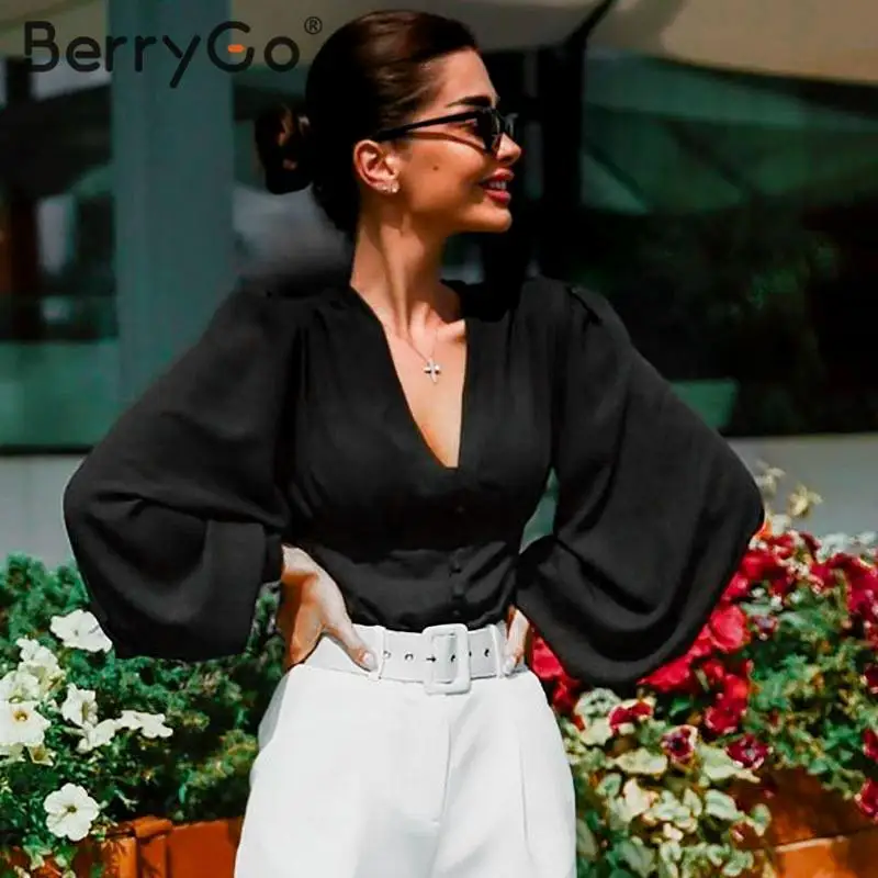 BerryGo, элегантные блузы с рукавом-фонариком и v-образным вырезом, женские офисные тонкие блузки, рубашки, шикарные осенние женские черные топы, блузки