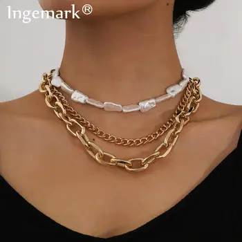 

Punk Cuban Baroque Pearl Chain Necklace Multilayer Hip Hop Exaggerated Vintage Big Thick Link Choker Necklace Women Men Jewelry