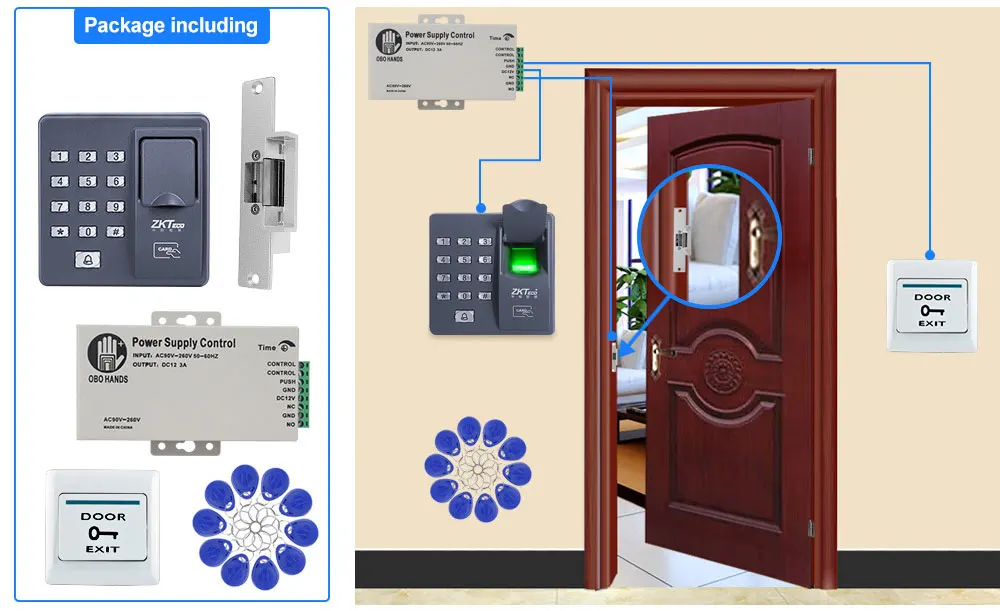 Комплект Системы Контроля Доступа биометрический считыватель отпечатков пальцев с магнитным замком DC12V блок питания с 10 RFID брелоками для