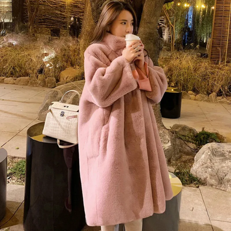 2020 New Autumn Winter Fur Wool Over-the-knee Woman with Loose Coat Fashion Mandarin Collar Faux Fur Coat