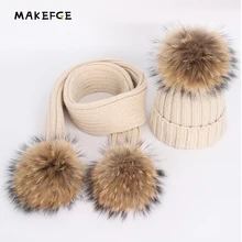 Осенне-зимние женские вязаные хлопковые шапки, теплые шапки с помпонами из меха енота, Детская вязаная Лыжная шапка, шарф, Детские шапочки-бини для родителей