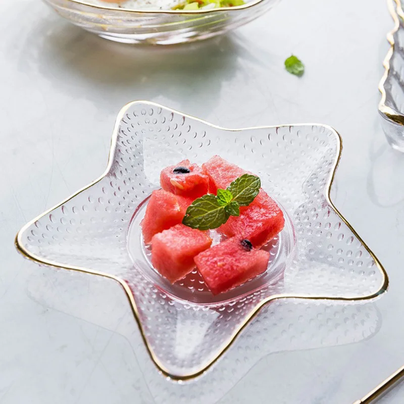 Прозрачная столовая посуда, кухонные стеклянные чаши, тарелки, десертный салат