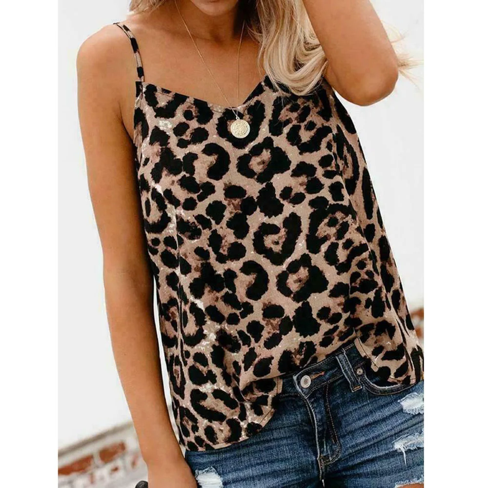 Sexy Women Casual V Neck Tank Vest Leopard Print Tops Sleeveless Strap High Street Tank Camisoles V-neck Clubwear Tank