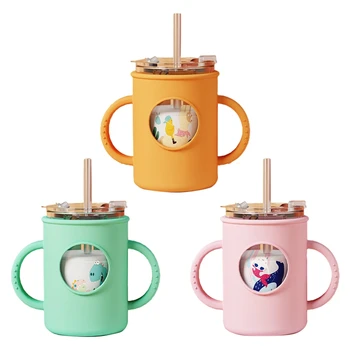 

250ml Baby Glass Straw Bottle with Lid Toddler Learning Drinking Silicone Cover Sippy Milk Cup Portable Double Handle Water Drin