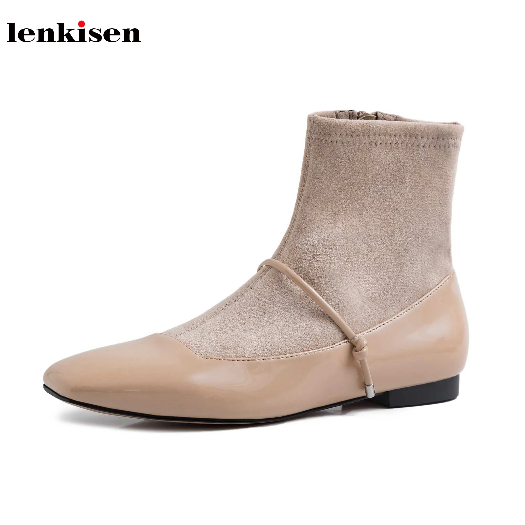 

Lenkisen new design cow leather patchwork flock low heels square toe side Zipper campus winter keep warm women ankle boots L08