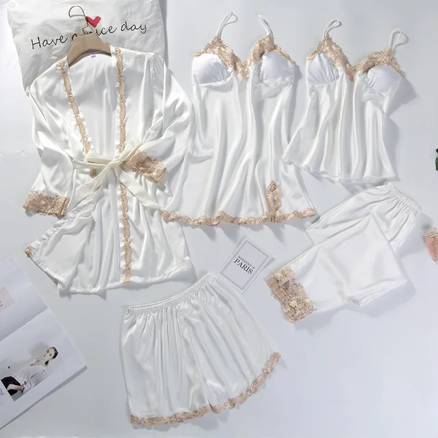 Lace Patchwork 5PCS Sleepwear Nightgown Kimono Bathrobe Gown Satin Lady Nighty&Robe Suit Sexy Home Clothes White Wedding Robe 1