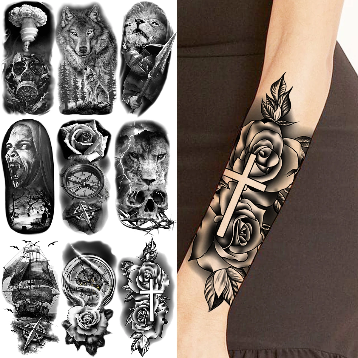 Black Rose Flower Cross Temporary Tattoos For Women Adults Wolf Lion  Vampire Compass Pirate Ship Fake Tattoo Sticker Arm Tatoos - AliExpress, image size:1200x1200