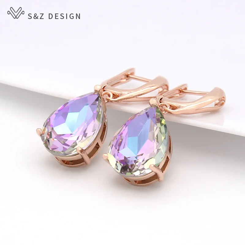 S&Z DESIGN New Fashion Water Drop Big Crystal Dangle Earrings For Women Wedding Jewelry Gift 585 Rose Gold Color Eardrop