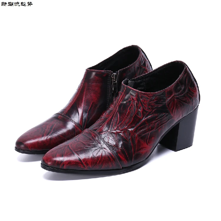 Мужские туфли-оксфорды из натуральной кожи на высоком каблуке для свадебной вечеринки; Цвет Красный; Мужские модельные туфли на молнии; офисная обувь; zapatos hombre; острый носок; официальная обувь; zapatos