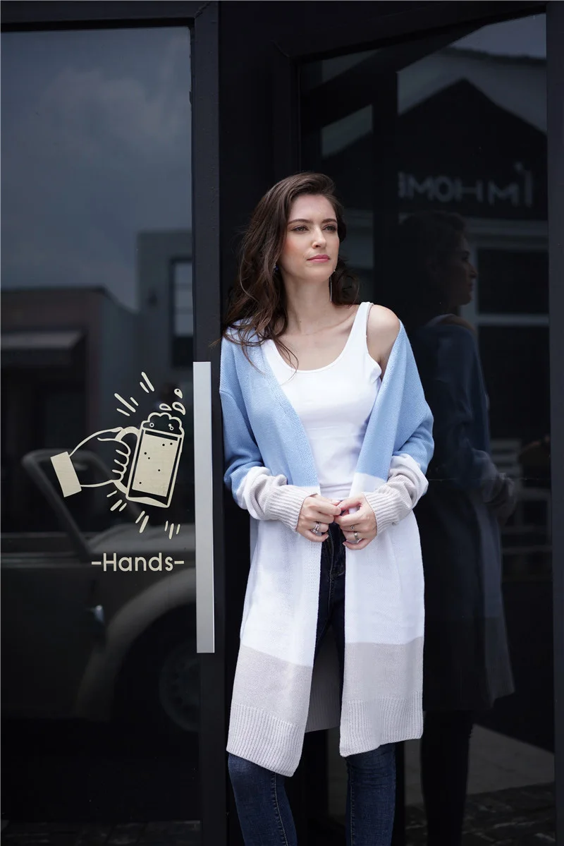 light blue Fitshinling Block, длинный кардиган в стиле пэчворк, зимнее пальто,, Boho, тонкая женская трикотажная куртка, длинный рукав, открытая стежка, кардиганы - Цвет: light blue