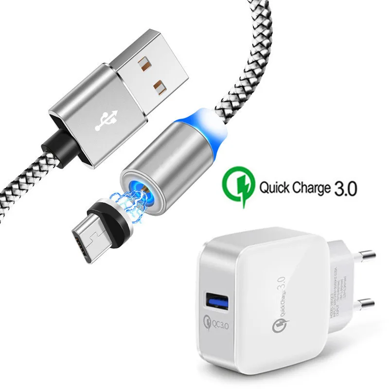 EU charger and cable Магнитный микро USB кабель QC для мобильного телефона samsung A10 A7 3,0 A6 J6 J7 Neo huawei Y9 Honor 9 lite 8X Android быстрое зарядное устройство - Тип штекера: EU charger and cable