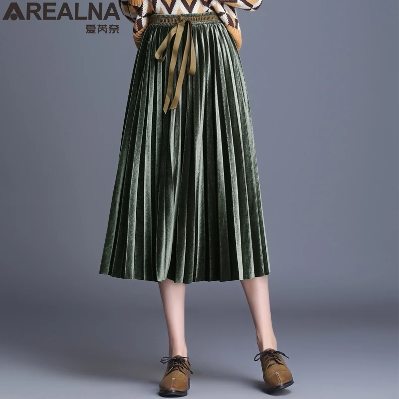 Женские юбки из золотого бархата; Новинка; сезон осень-зима; юбка с высокой талией и бантом; однотонная трапециевидная юбка макси; плиссированная юбка миди; юбка на завязках; повседневная юбка для танцев