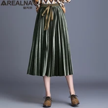 Женские юбки из золотого бархата; Новинка; сезон осень-зима; юбка с высокой талией и бантом; однотонная трапециевидная юбка макси; плиссированная юбка миди; юбка на завязках; повседневная юбка для танцев