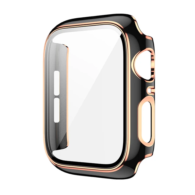 360 Full Screen Protector Bumper Frame Matte Hard Case For Apple Watch 38/40/42/44mm Cover Tempered Glass Film IWatch 6/SE/5/4/3 Black rose gold
