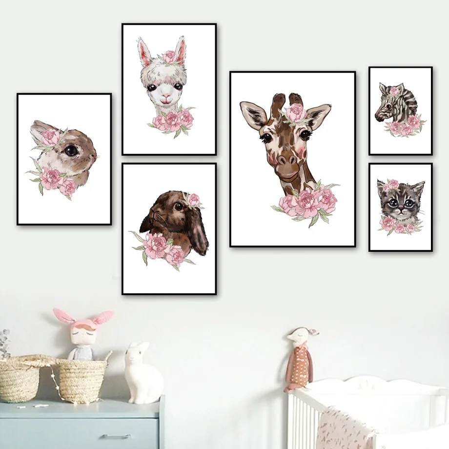 Llama Tiger Sloth Panda Polar Bear Flower Wall Art Canvas Painting Nordic Posters And Prints Wall Pictures Baby Kids Room Decor