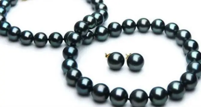 Хит 9-10 ММ tahitian черное зеленое Жемчужное ожерелье серьги 18 дюймов 14 к золотая застежка