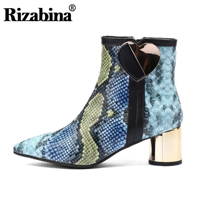 

RIZABINA Autumn Winter Real Leather Women Ankle Boots Fashion Print Pointed Toe High Heel Shoes Women Club Footwear Size 33-43