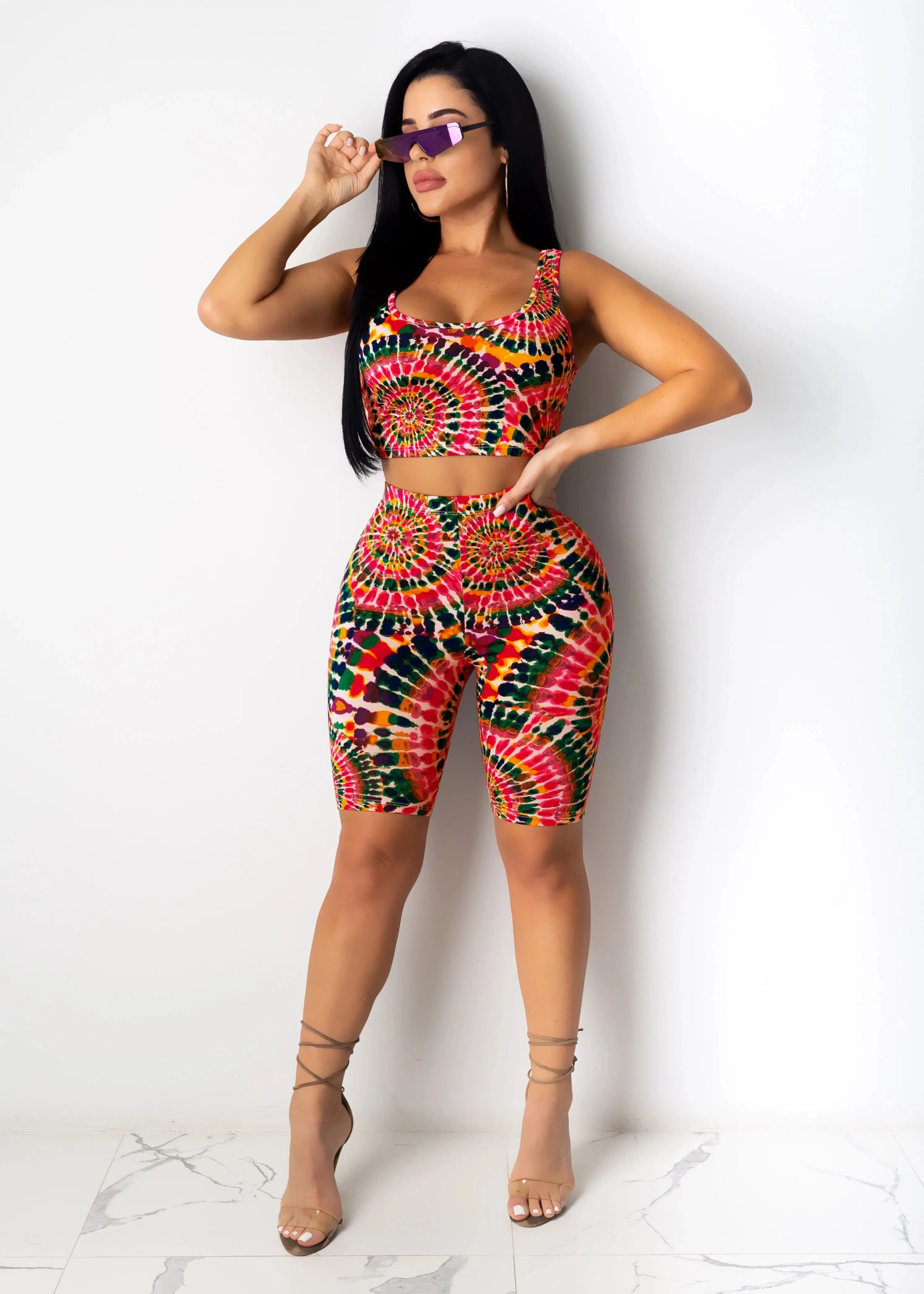 Two Piece Outfits for Women Fashion Sleeveless Low Cut Crop Tank Top + Bodycon Short Pants Set |
