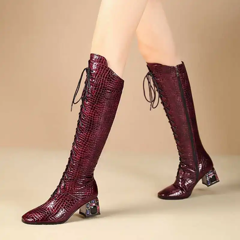 US $65.00 Krazing Pot Gorgeous Print Stone Pattern Boots Round Toe High Heels Lace Up Zip Winter Warm Mature Women Thigh High Boots L3f7