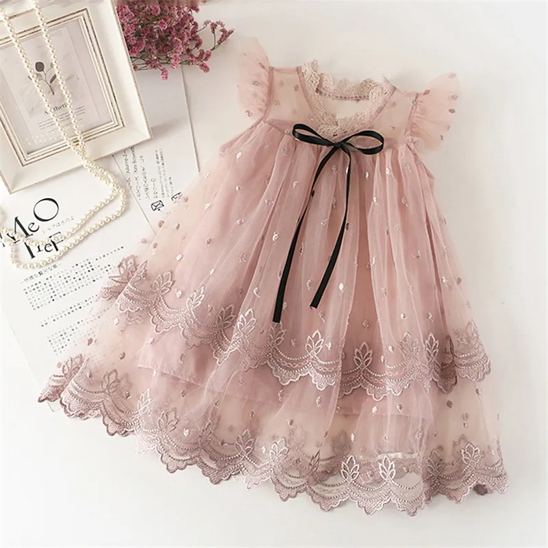 Детская одежда платье для девочек зима ; кружевное платье принцессы с вышивкой для маленьких девочек вечерние платья для маленьких девочек; одежда для детей 8 лет - Цвет: Pink 1
