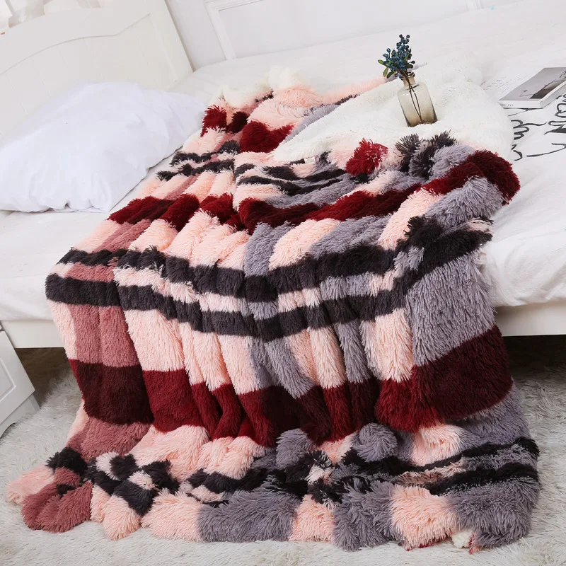 

New Style Long Velvet Double Layer Thick Blanket Plaid Printed Extra-large Bed Blanket Berber Fleece Warm Blanket