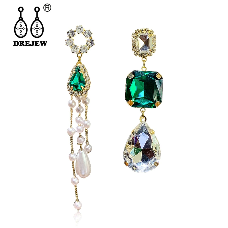 

DREJEW Asymmetrical Big Green Rhinestone Zircon Statement Dangle Earrings Fashion Alloy Drop Earrings for Women Weddings HE1761