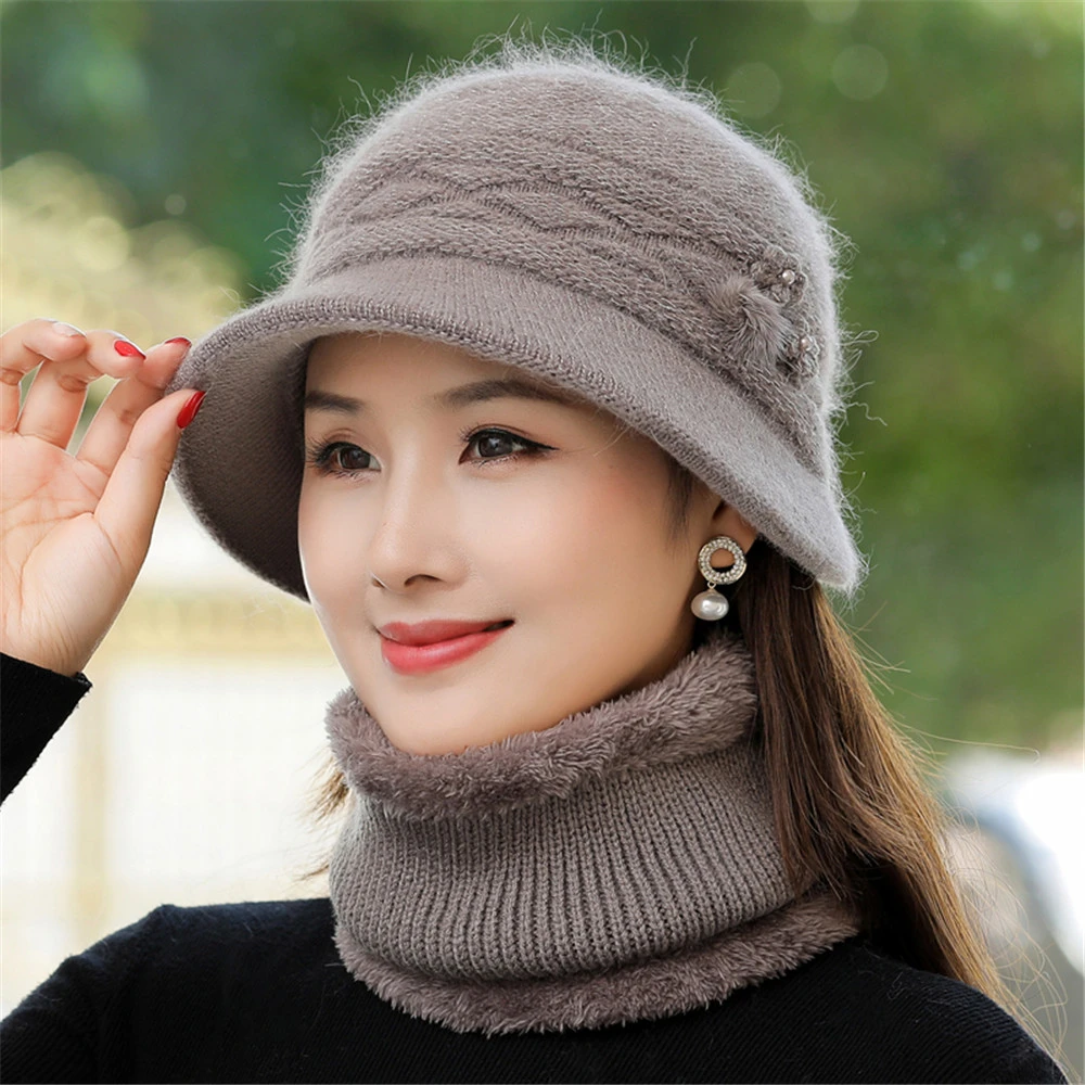 Gorro mantenerse caliente para mujer, con ala, de piel, conjunto de sombreros y bufanda, flores, piel de conejo, novedad|Las mujeres de punto y gorros| - AliExpress