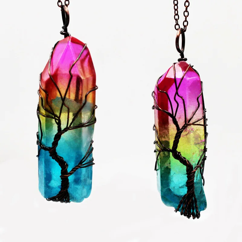 

Rainbow Crystal Pendant Antique Brass Plating Tree of Life Wire Wrapped Color Raw Quartz Retro Style DIY Handmade Charm Necklace