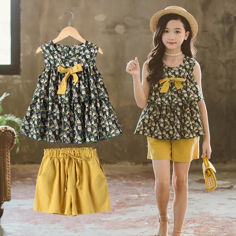 

Clothes For Girls Sets Kids Fashion Chiffon Floral T-shirt + Shorts Two Piece Set Children Suit Girl Outfits 6 8 10 12 14 Years