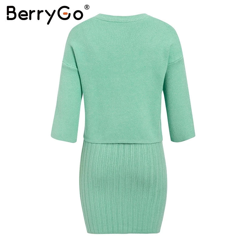 BerryGo элегантное женское платье из 2 предметов, трикотажное однотонное тонкое зимнее платье без рукавов, модная Женская Осенняя рабочая одежда, свитер, костюм
