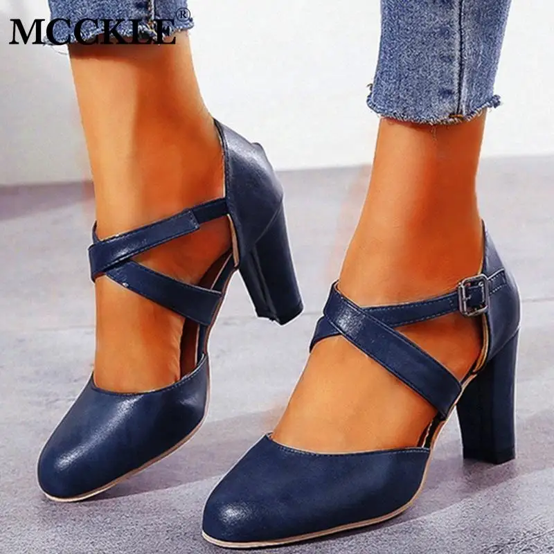 

MCCKLE Women's PU Leather High Heel Shoes Ladies Two Piece Cross Women Buckle Strap Pumps Fashion Female Shoes Woman Footwear