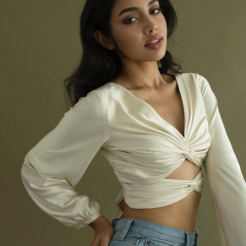 Women V-neck T Shirt Summer Sexy Bowknot Criss Cross Shirt Adults High Street Hollow Out Solid Color Long Sleeve Pullover Tops