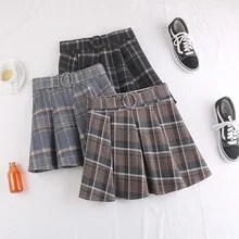 Синяя, черная, хаки, винтажная клетчатая Гибкая эластичная мини плиссированная трапециевидная теплая шерстяная юбка для женщин, женские юбки