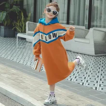 Свободные хлопковые платья для девочек; зимние повседневные толстовки с капюшоном для девочек; платье с буквенным принтом; плотные детские платья с капюшоном для девочек; одежда; От 4 до 14 лет