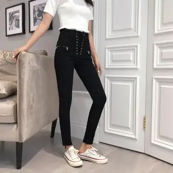 

2019 Women Fashion Pencil Pants Slim Jeans Autumn High Waisted Stretch Bandage Ankle-Length Pants