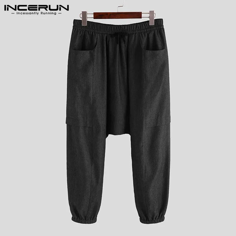 INCERUN, мужские шаровары, брюки для хип-хопа, с заниженным шаговым швом, свободные, уличная одежда, повседневные штаны, мешковатые, с карманами, одноцветные брюки для мужчин