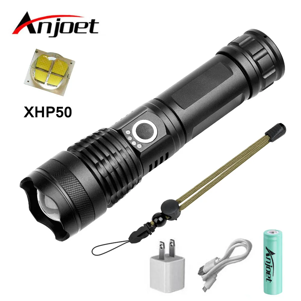 Anjoet xhp50 мощсветильник тический фонарь usb масштабирусветильник светодиодный 18650