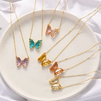

Shiny Side New Accessories Crystal Butterfly Pendant&necklaces for Women Simple Style Glass Chain Choker Necklaces