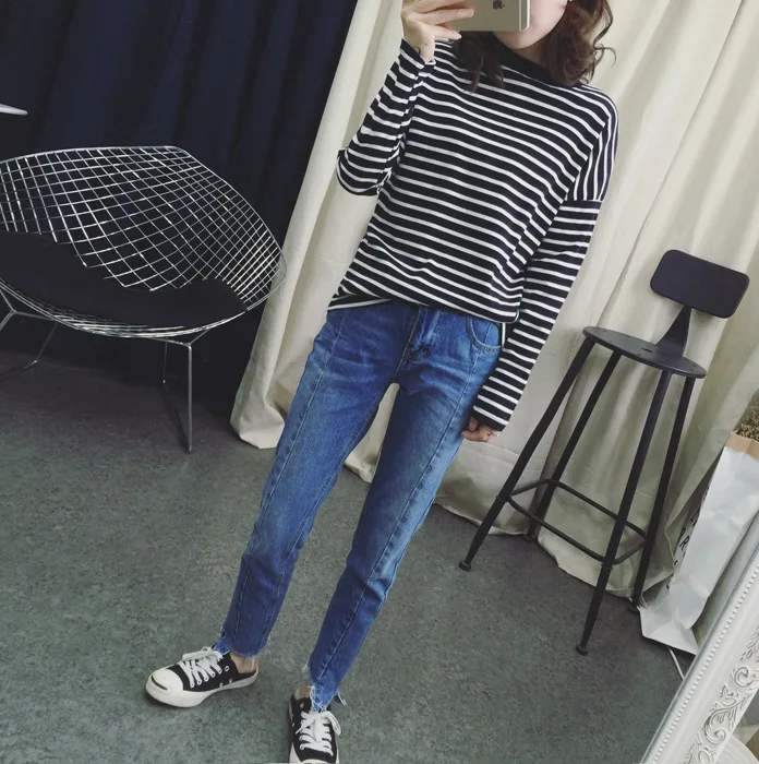

Spring And Autumn Loose-Fit Korean-style Half-Turtle-Neck Stripes Super Was Thin Pullover Base T-shirt Women's Long-Sleeve Tops