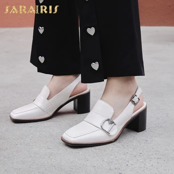 

Sarairis 2020 New Design Patent Leather Women Sandals Square Heel Buckle Strap Metal Decoration Retro Summer Woman Sandals