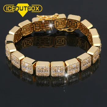 

10mm Gold Color Zircon Stone Square Bracelet AAA CZ Stone Tennis Chain Bracelets For Men Hip Hop Fashion Jewelry With Gift Box