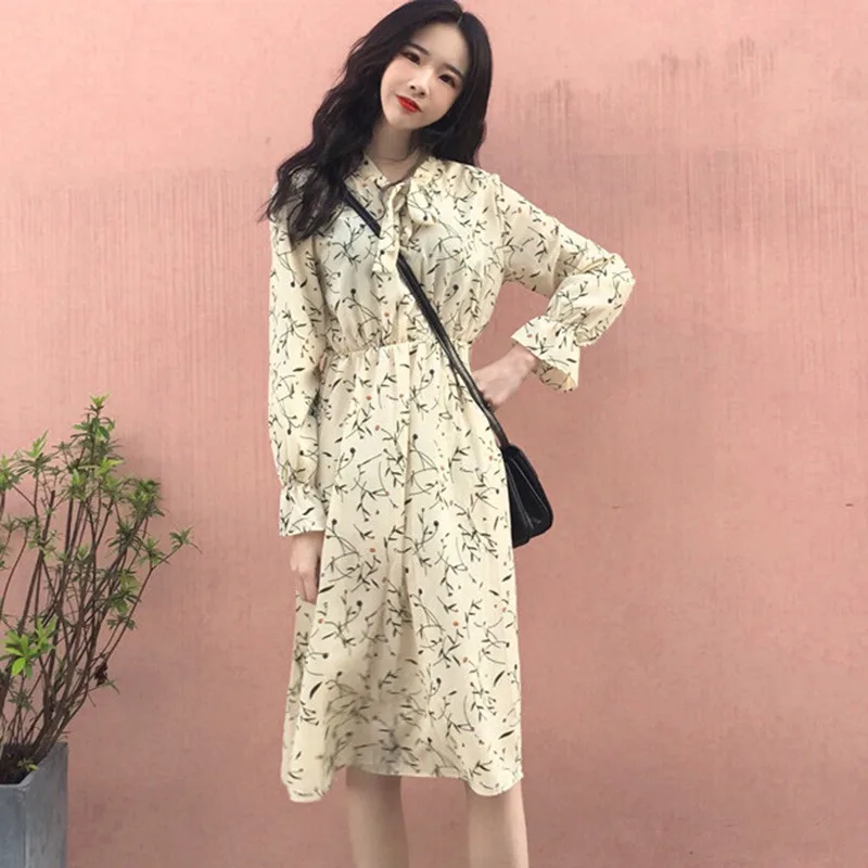 

Women Full Sleeve Flower Print Dresses Slim High Waist Vintage Dress Casual Sundress Rk