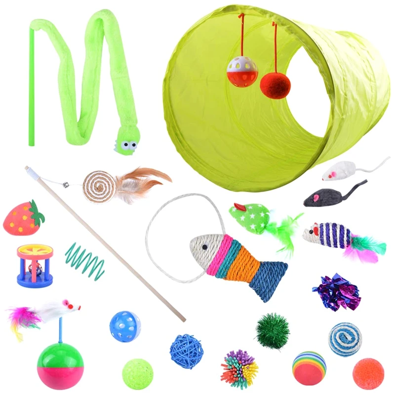 21 Pcs Cat Toys With 1 Way Tunnel Ball Mice Fish Snake Interactive Feather Teaser Cat Interactive Toys Set For Catnip Refill Cat