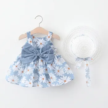 

(1-3Y) Child Sleeveless Flower Daisy Print Dress Princess Dress + Straw Hat Toddler Baby Fashion Sweet Flower Princess Dress S4