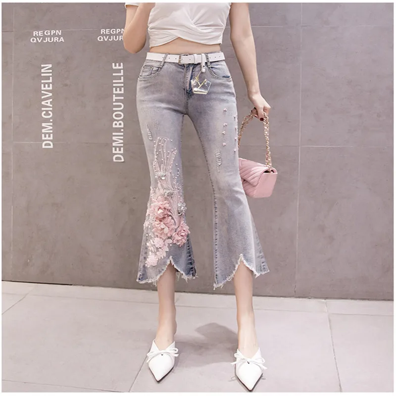 Sweatpants Limited Promotion Free Shipping 2021 La Jeans Wome Spring High Waist Flowers Nail Beads Sequins Thin Elastic Pants | Женская